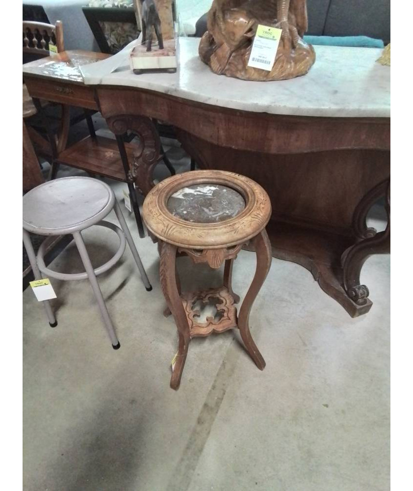 SELLETTE RONDE BOIS SCULPTÉ ET GRAVÉ DESSUS MARBRE FIN XIXE