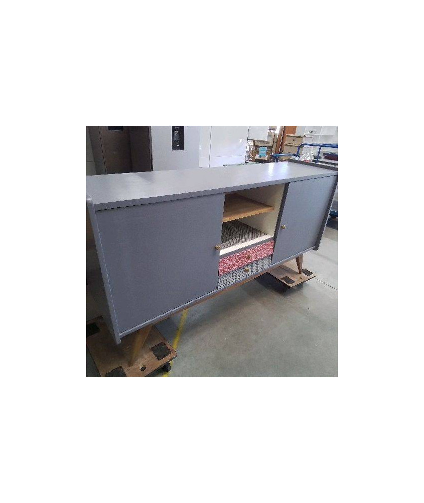 BUFFET VINTAGE GRIS 2 PORTES 2 TIROIRS