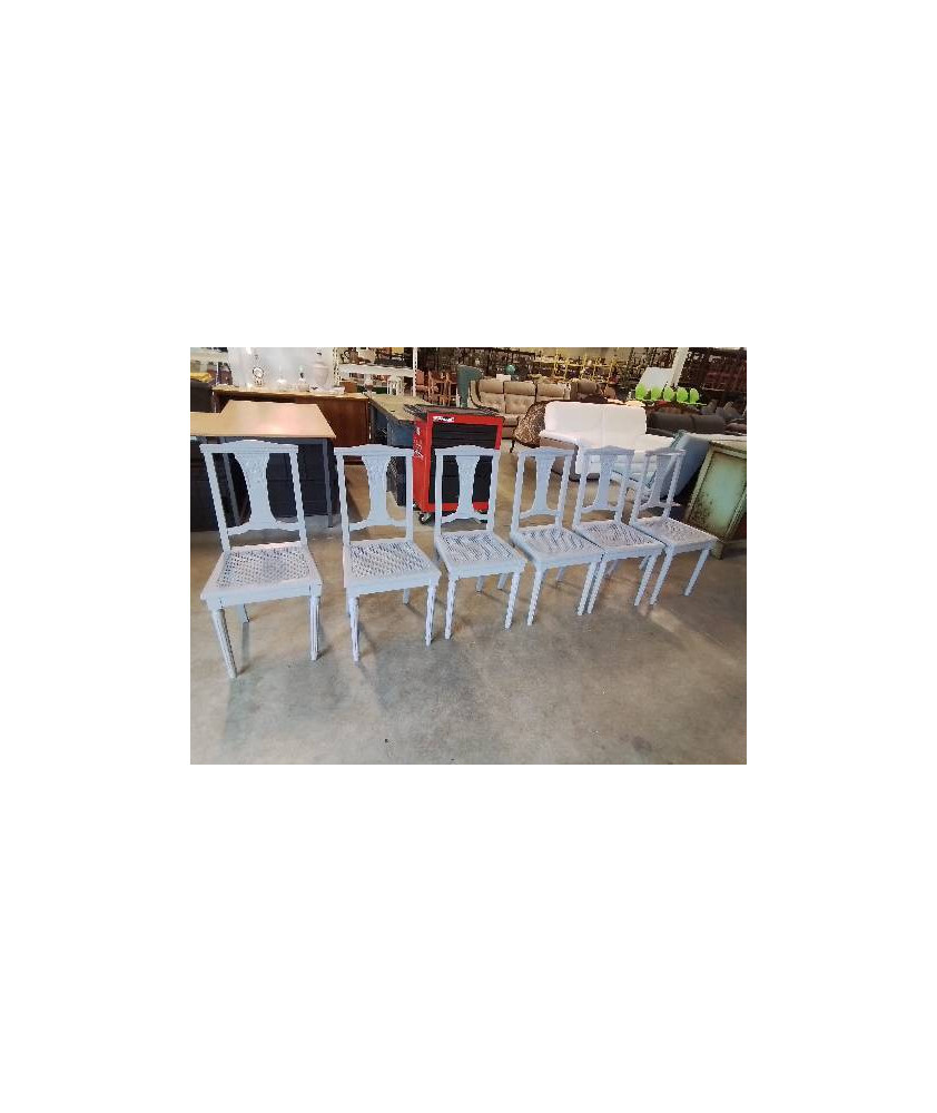 6 CHAISES BOIS PEINT GRIS  CANNE ANNÉES 40