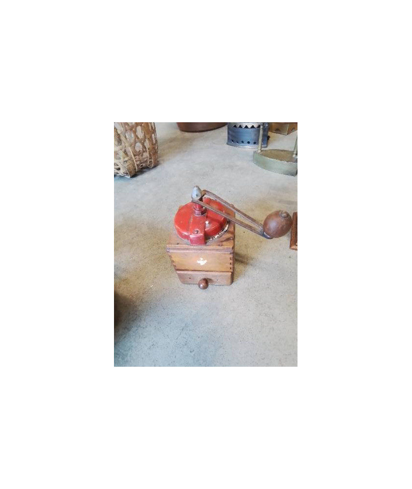 MOULIN A CAFÉ BOIS ET TOLE ÉMAILLÉE ROUGE