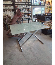 TABLE MONTE ET BAISSE PIÈTEMENT MÉTAL CHROMÉ PLATEAU VERRE