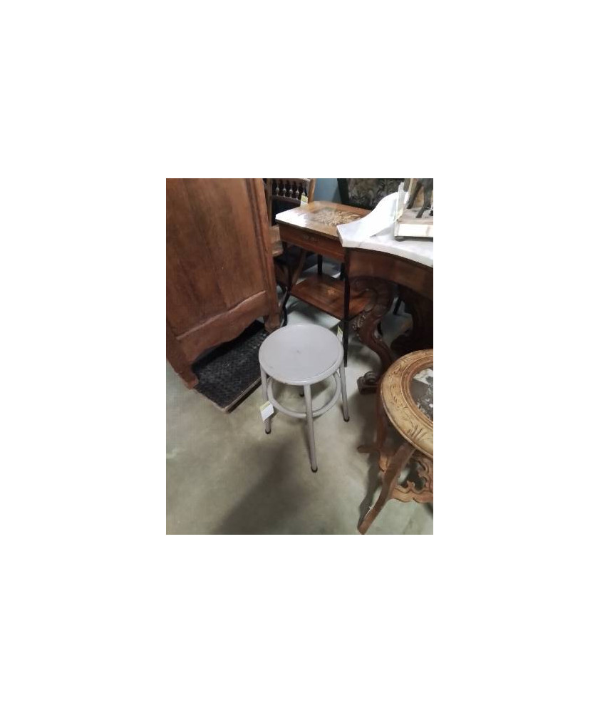TABOURET INDUSTRIEL ROND BOIS ET MÉTAL PEINT TAUPE