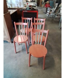 5 CHAISES BOIS PEINT ROSE ET BARREAUX VERT ANNÉES 50