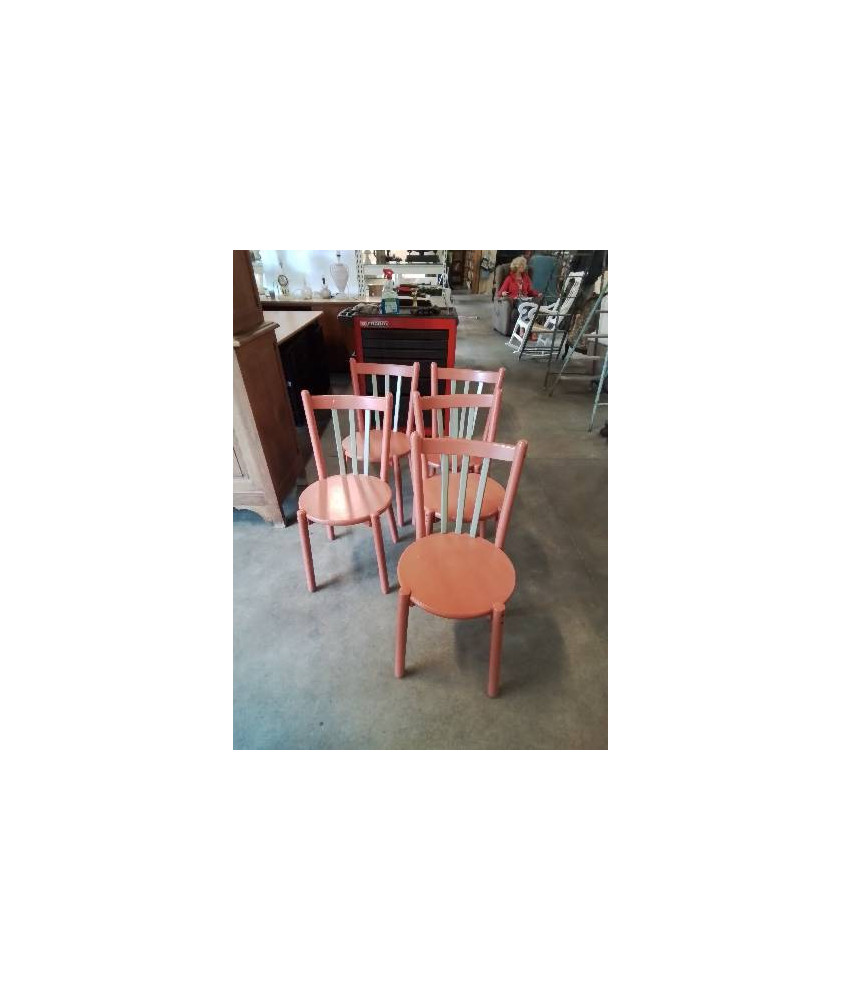 5 CHAISES BOIS PEINT ROSE ET BARREAUX VERT ANNÉES 50