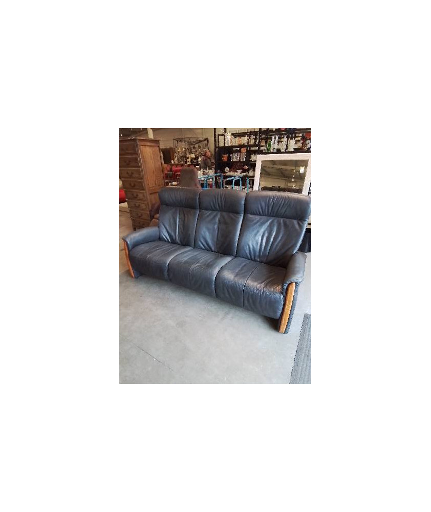 CANAPÉ 3 PLACES CUIR BLEU ET BOIS CLAIR HIMOLLA