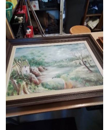 HUILE SUR PANNEAU PAYSAGE LAC ET MONTAGNE 