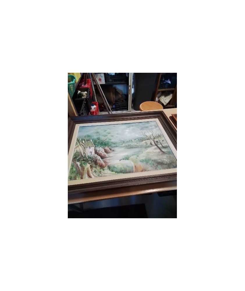 HUILE SUR PANNEAU PAYSAGE LAC ET MONTAGNE 