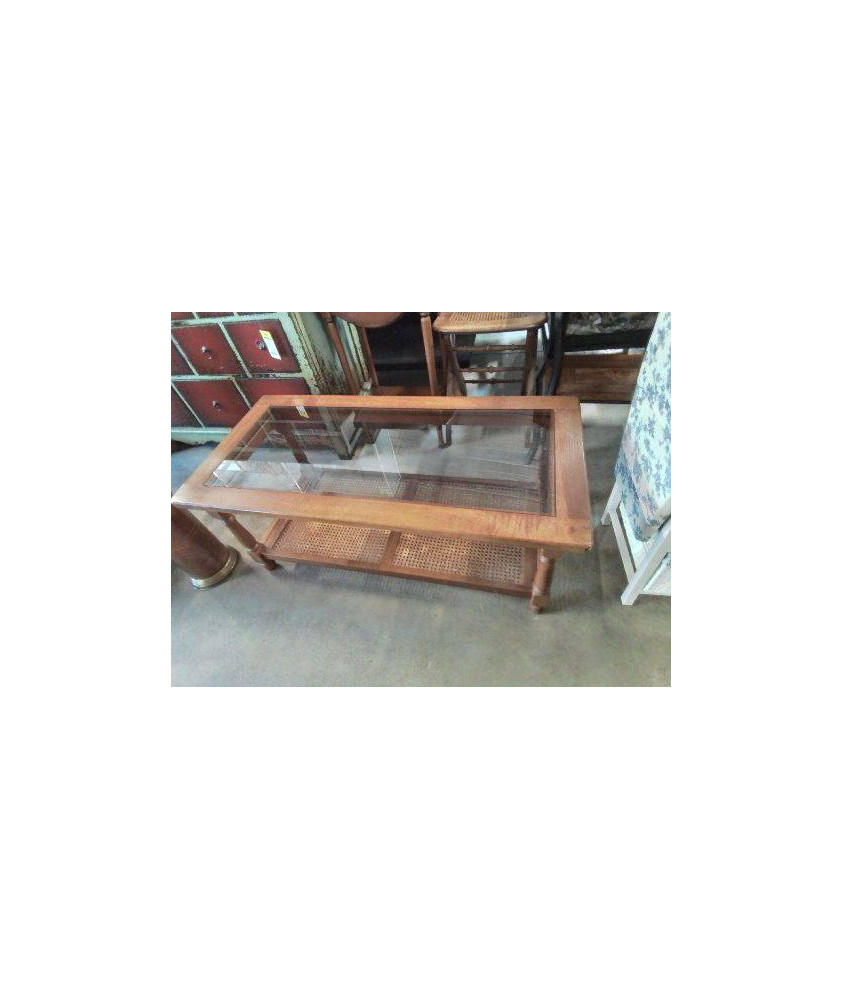 TABLE BASSE RECTANGULAIRE BOIS CANNÉ PLATEAU VERRE 