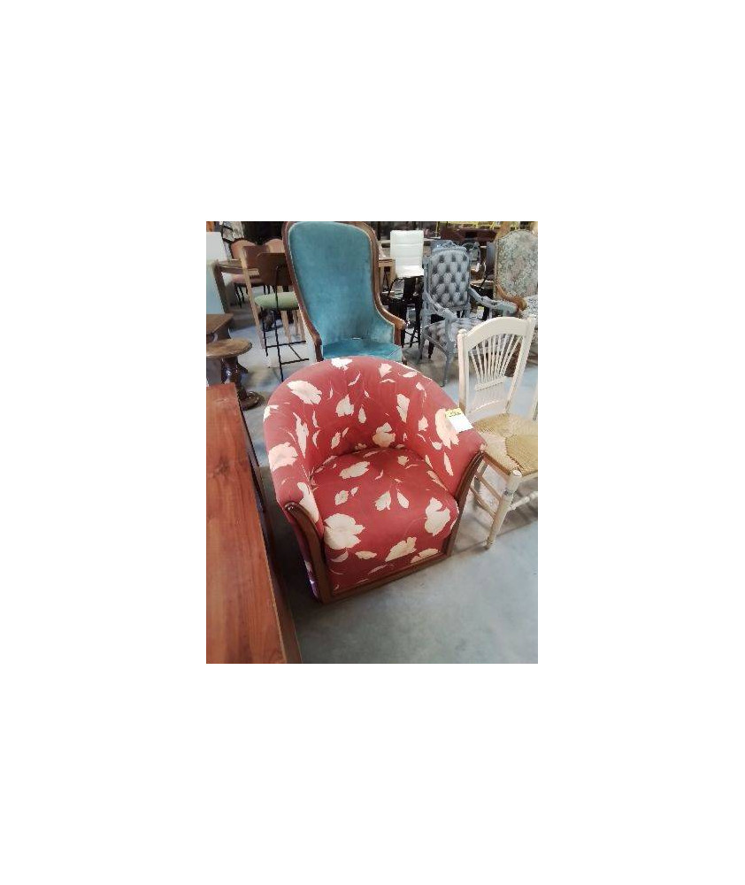 FAUTEUIL GONDOLE BOIS CAPITONNÉ TISSU ROUGE A FLEURS 