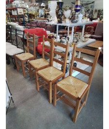4 CHAISES BOIS CLAIR PAILLÉ A ENTRETOISE DOSSIER 3 BARREAUX 
