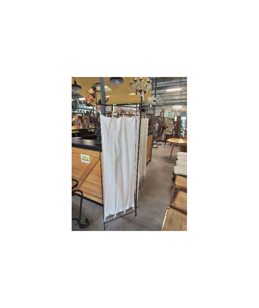 PARAVENT 3 FEUILLES MÉTAL NOIR ET TISSU ECRU