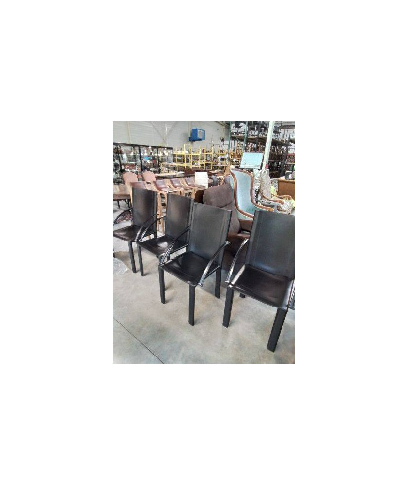4 FAUTEUILS MÉTAL GAINÉ CUIR NOIR MATTEOGRASSI ANNÉES 80