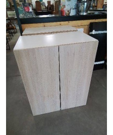 ARMOIRE BASSE 2 PORTES BATTANTES BOIS CLAIR ET BLANC 