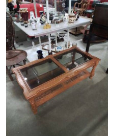 TABLE BASSE RECTANGULAIRE CHANTOURNÉ 2 PLATEAUX  VERRE ET CANNAGE