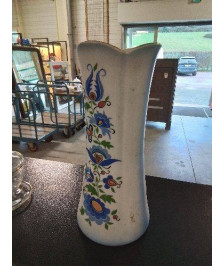 VASE CÉRAMIQUE ECRU FLEURS BLEUES LUBIANA POLOGNE ANNÉES 70 30,5CM