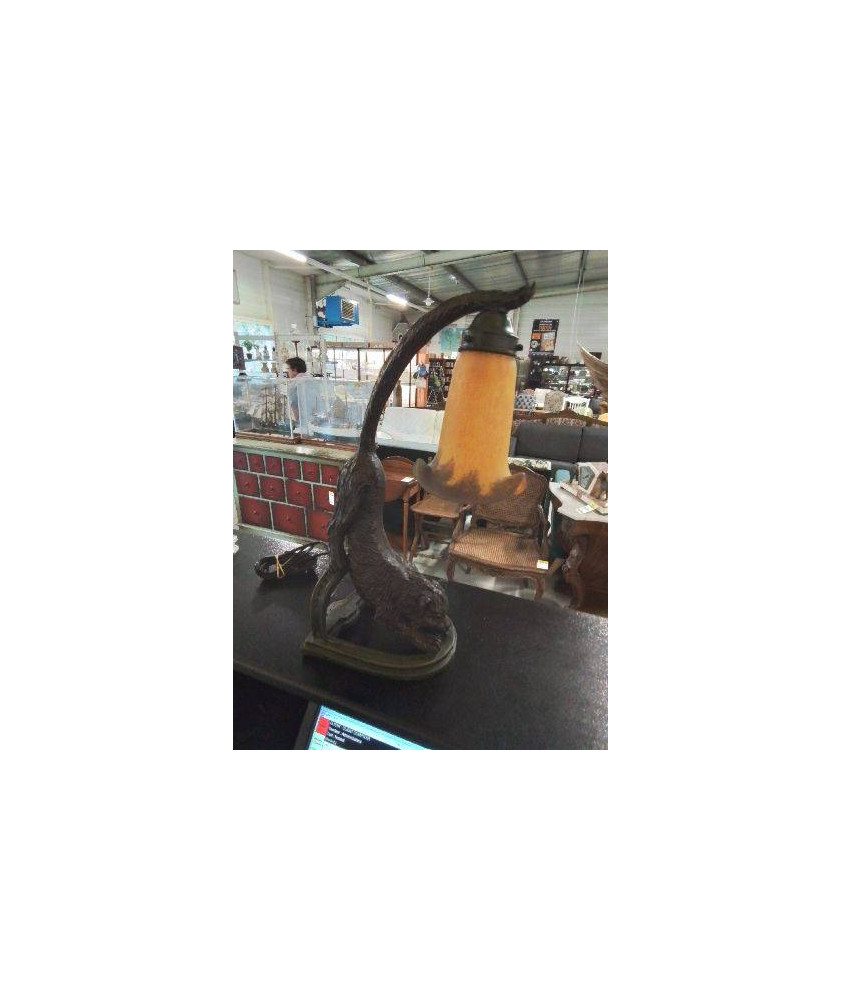 LAMPE RÉSINE AU FÉLIN AJ VERRE ORANGÉ STYLE ART NOUVEAU 