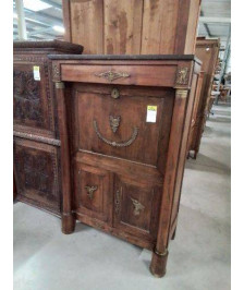 SECRÉTAIRE EMPIRE A COLONNES 3 PORTES GARNITURES BRONZE DESSUS MARBRE NOIR 