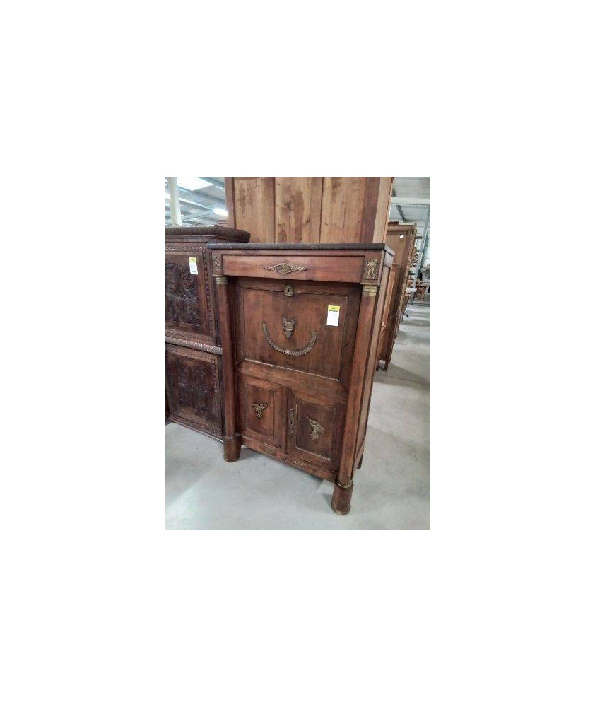 SECRÉTAIRE EMPIRE A COLONNES 3 PORTES GARNITURES BRONZE DESSUS MARBRE NOIR 