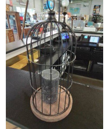 PHOTOPHORE CAGE MÉTAL NOIR AJOURÉ SOCLE BOIS