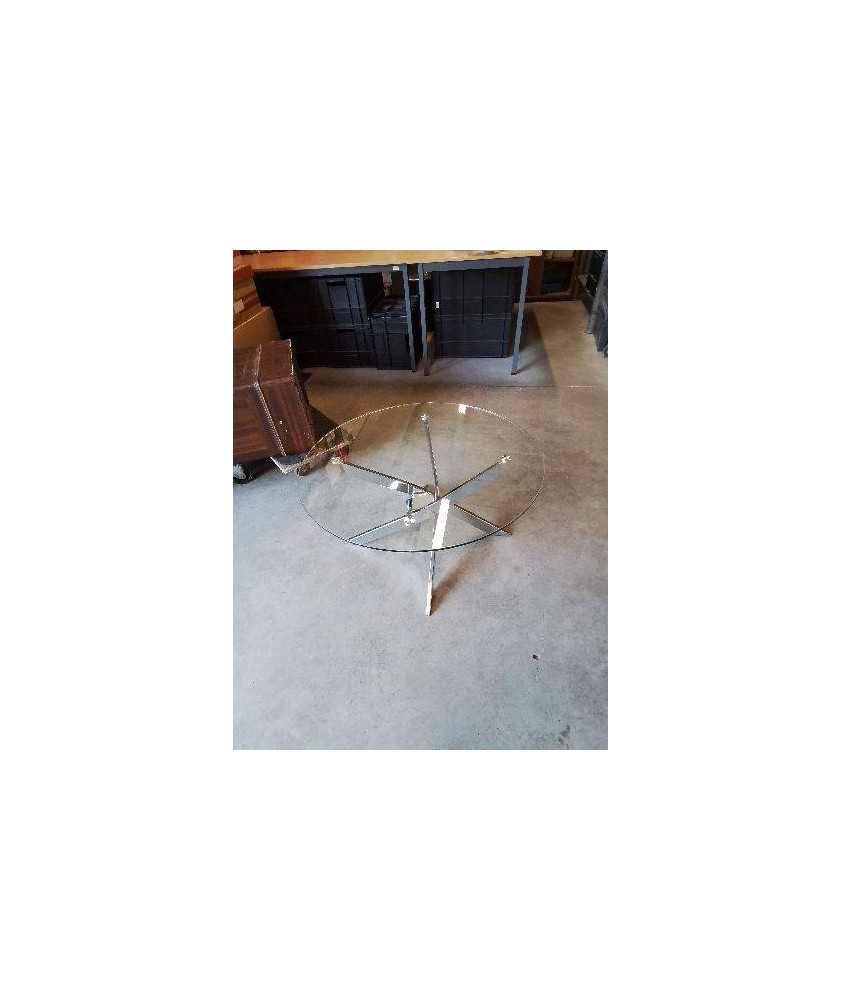 TABLE BASSE RONDE PIÈTEMENT MÉTAL CHROMÉ PLATEAU VERRE