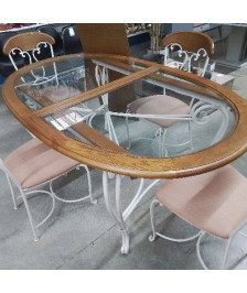 TABLE OVALE FER FORGÉ BOIS VERRE + 1 ALLONGE