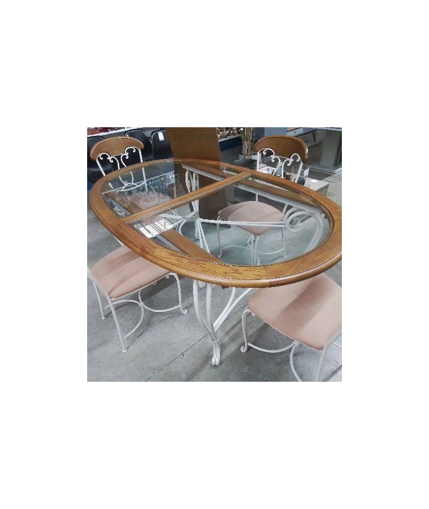 TABLE OVALE FER FORGÉ BOIS VERRE + 1 ALLONGE