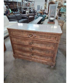 COMMODE BOIS CLAIR 4 TIROIRS DESSUS MARBRE BLANC FIN XIXE