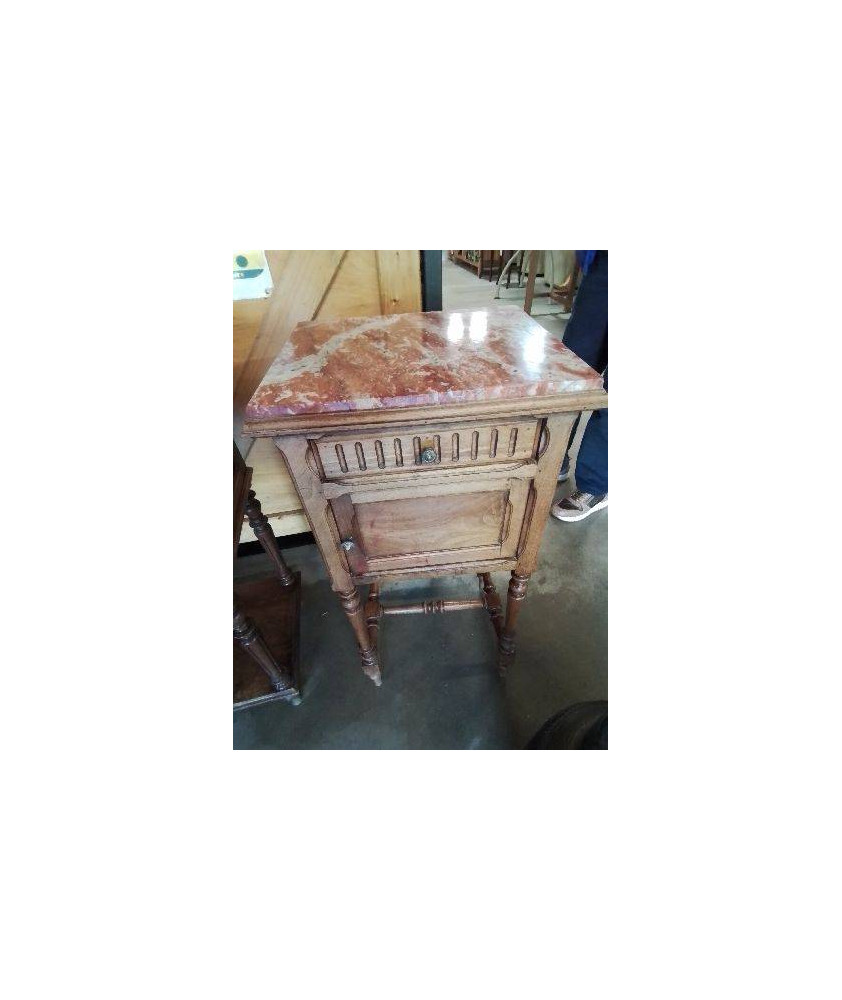 CHEVET BOIS CLAIR A COLONNES 1 TIROIR 1 PORTE DESSUS MARBRE ROUGE VEINÉ FIN XIXE