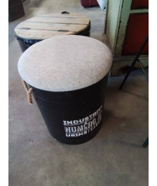 TABOURET MÉTAL NOIR STYLE INDUSTRIEL DESSUS COUSSIN TAUPE