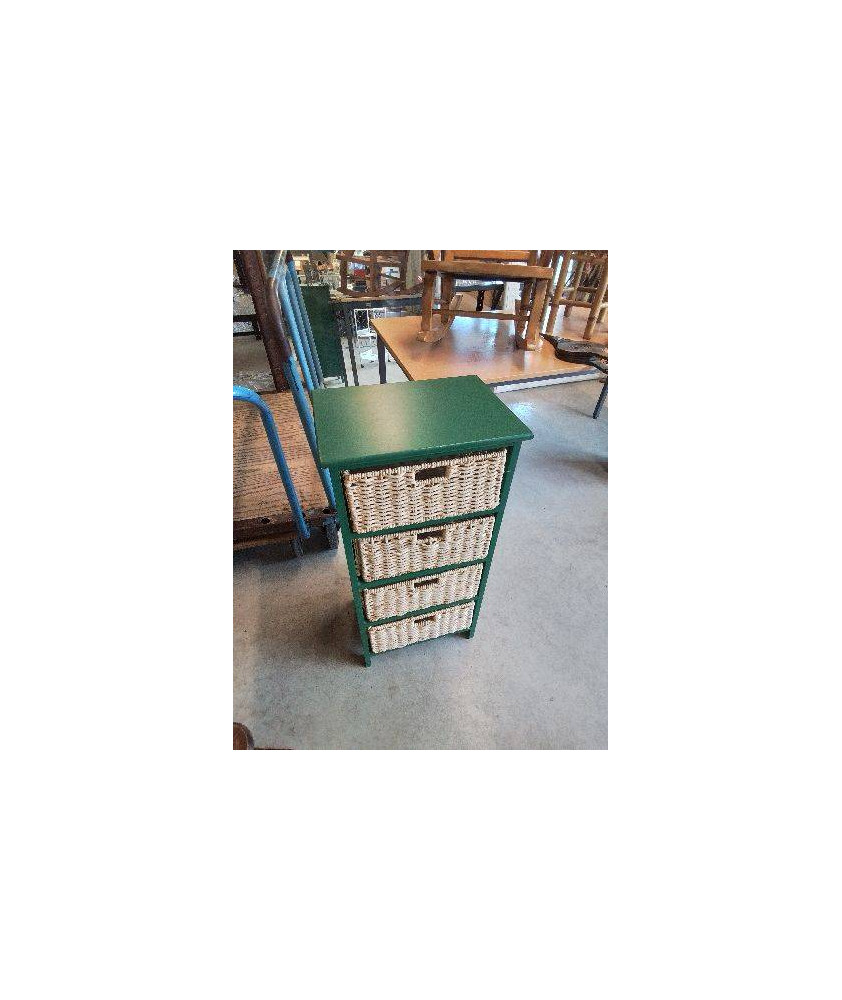 CHIFFONNIER BOIS PEINT VERT 4 TIROIRS VANNERIE 