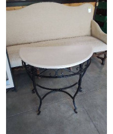 CONSOLE DEMI LUNE PIÈTEMENT MÉTAL NOIR PLATEAU BOIS PEINT TAUPE