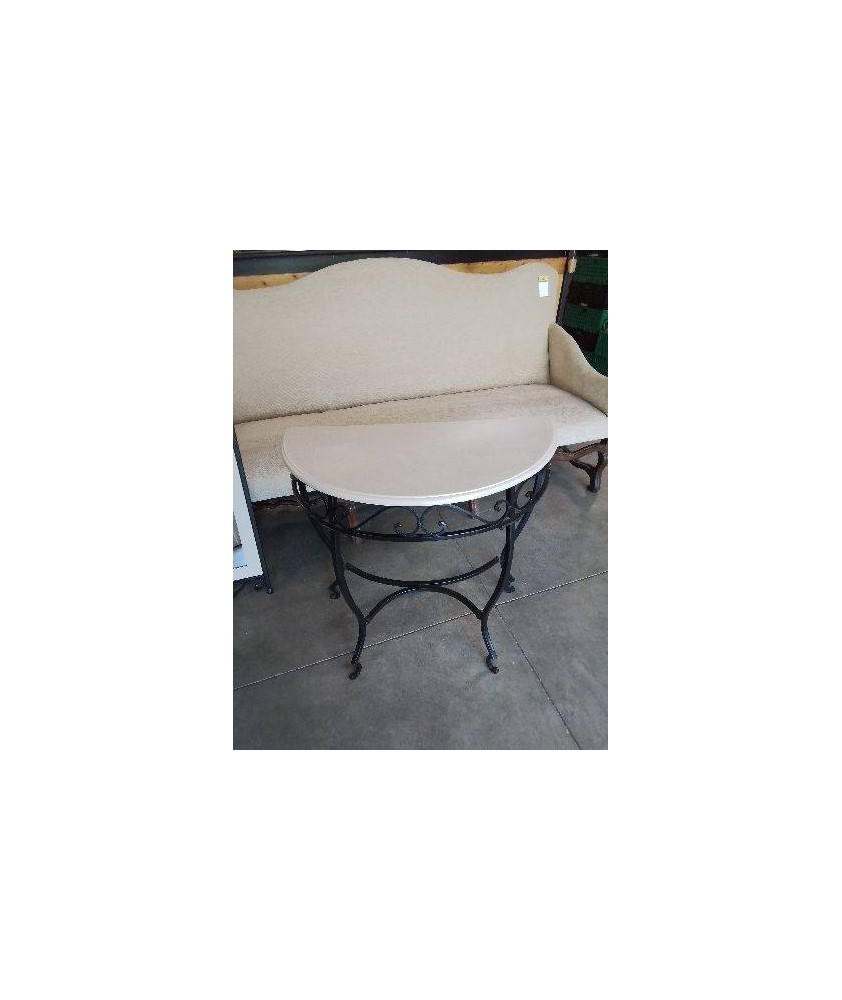 CONSOLE DEMI LUNE PIÈTEMENT MÉTAL NOIR PLATEAU BOIS PEINT TAUPE