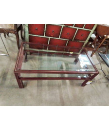 TABLE BASSE RECTANGULAIRE PIERRE VANDEL MÉTAL GRENAT PLATEAUX VERRE 