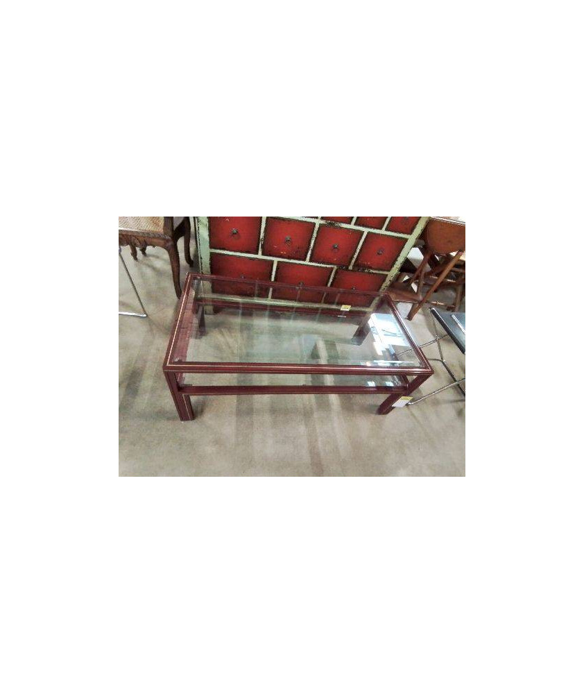 TABLE BASSE RECTANGULAIRE PIERRE VANDEL MÉTAL GRENAT PLATEAUX VERRE 