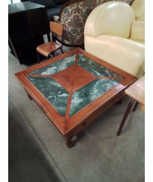 TABLE BASSE CARRÉ BOIS CLAIR DESSUS MARBRE VERT 2 TIROIRS 