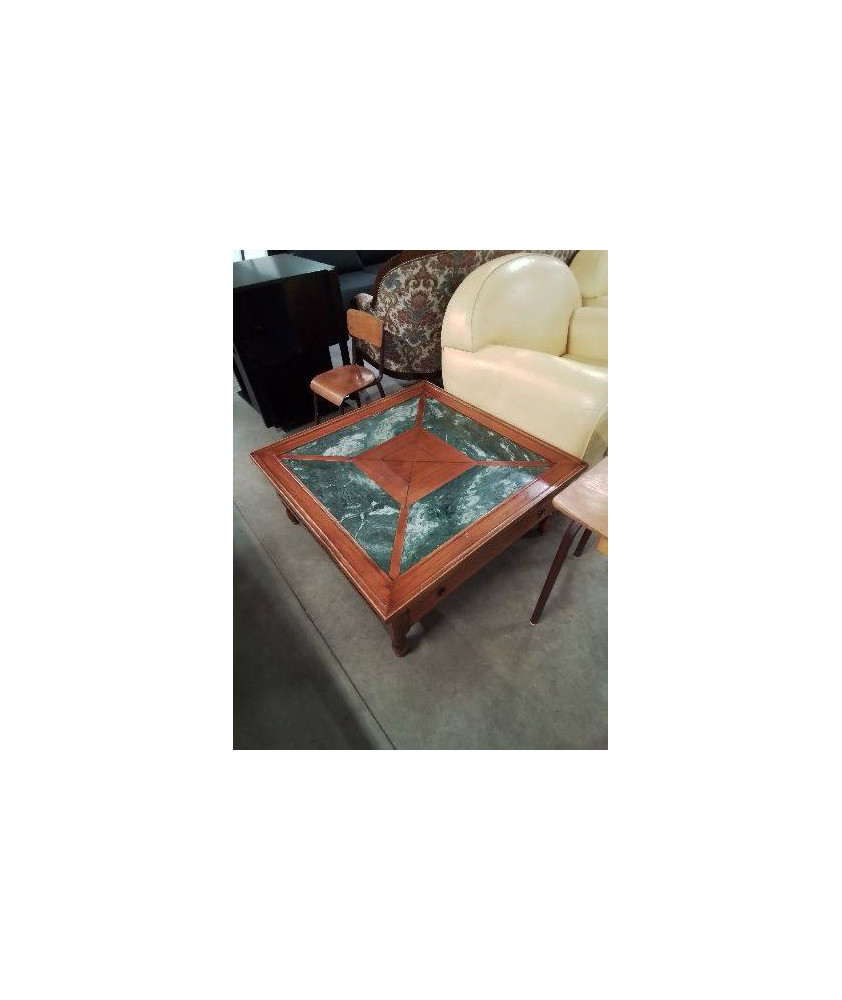 TABLE BASSE CARRÉ BOIS CLAIR DESSUS MARBRE VERT 2 TIROIRS 