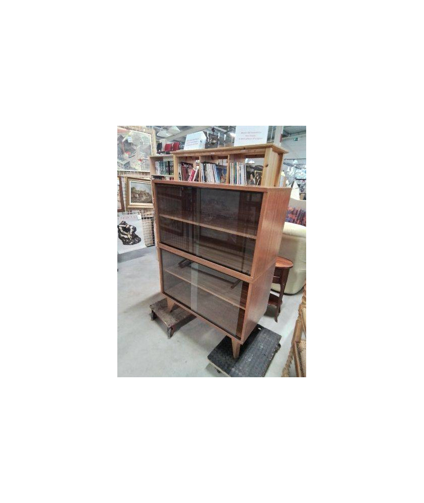 BIBLIOTHÈQUE VITRÉE TECK 4 PORTES COULISSANTES ANNÉES 60