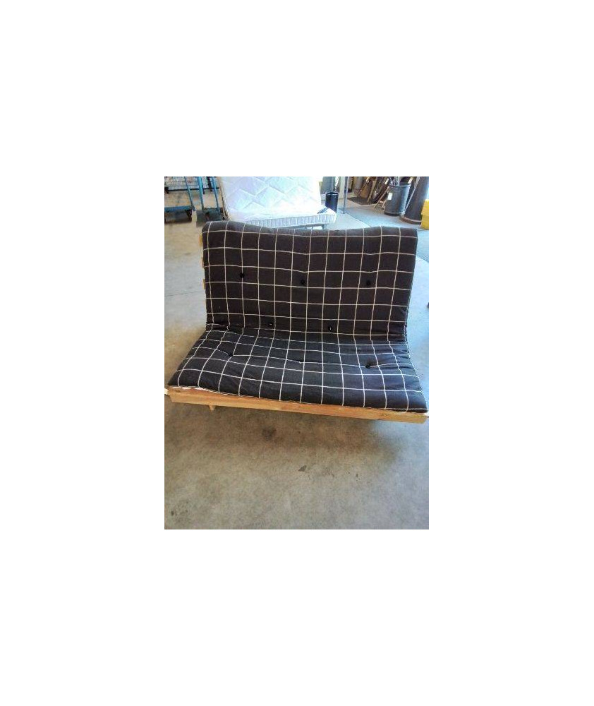 FUTON BOIS MATELAS TISSU NOIR A CARREAUX 