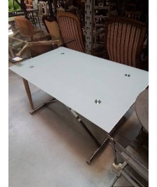 TABLE MONTE ET BAISSE PIÈTEMENT MÉTAL CHROMÉ PLATEAU VERRE