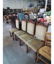 4 CHAISES BOIS SCULPTÉ ASSISE ET DOSSIER CAPITONNÉ TISSU VERT