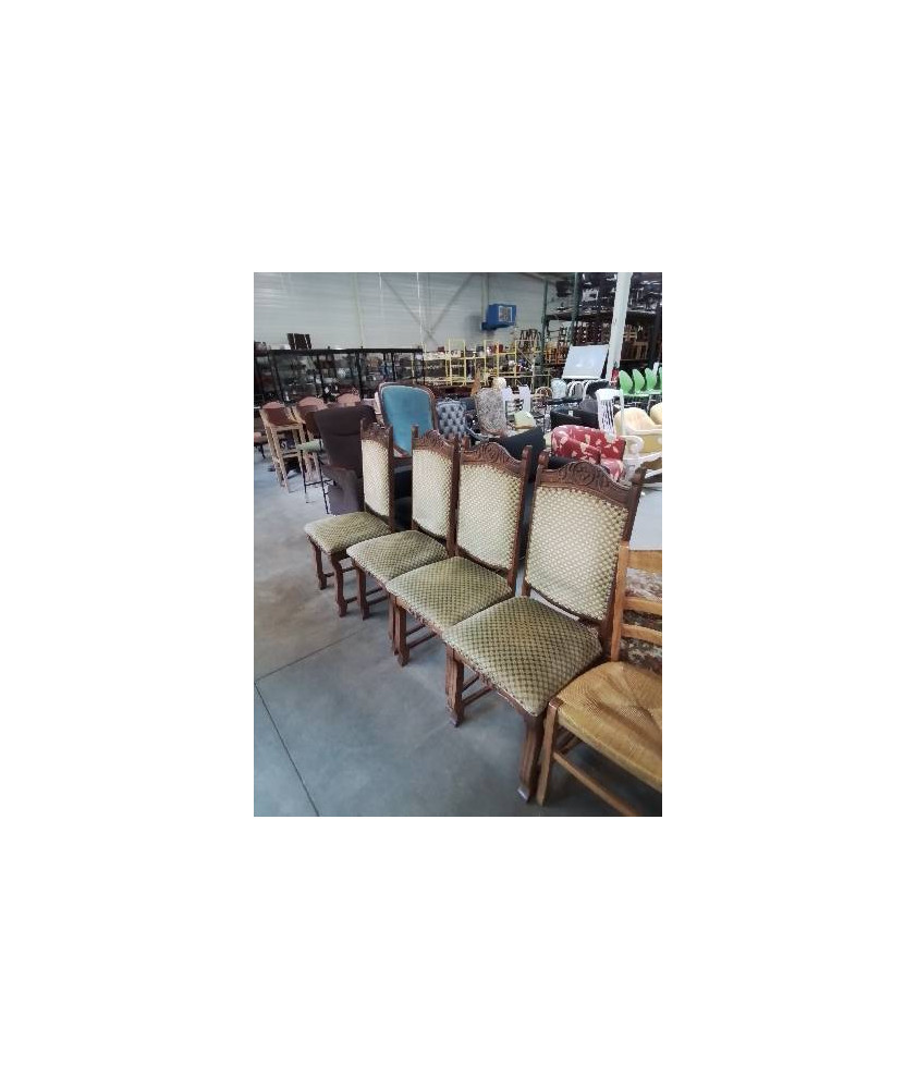 4 CHAISES BOIS SCULPTÉ ASSISE ET DOSSIER CAPITONNÉ TISSU VERT