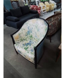 FAUTEUIL GONDOLE BOIS NOIR ASSISE TISSU FLEURI STYLE DIRECTOIRE 