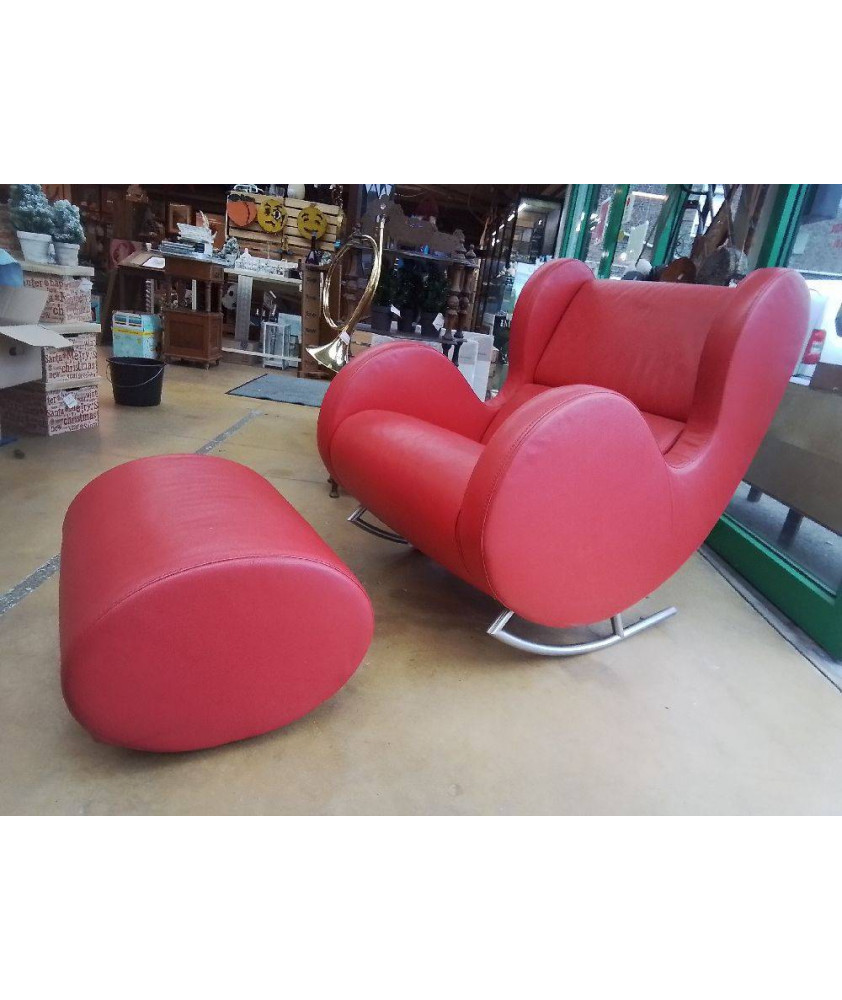 FAUTEUIL ROCKING CHAIR CUIR + POUF