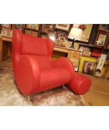 FAUTEUIL ROCKING CHAIR CUIR + POUF