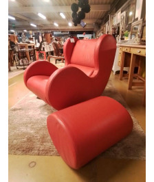 FAUTEUIL ROCKING CHAIR CUIR + POUF