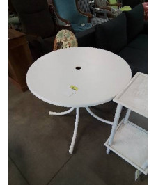 TABLE RONDE DE JARDIN PIÈTEMENT MÉTAL BLANC PLATEAU BOIS BLANC