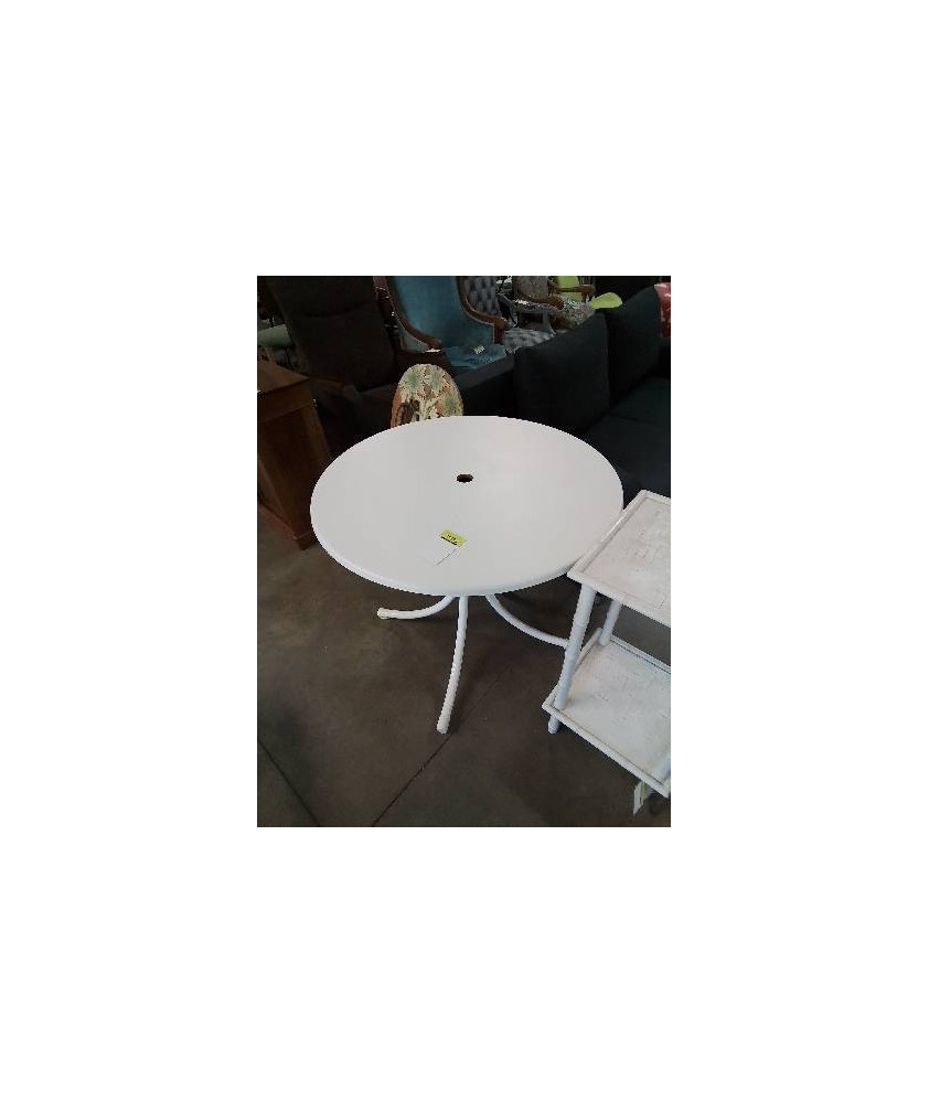 TABLE RONDE DE JARDIN PIÈTEMENT MÉTAL BLANC PLATEAU BOIS BLANC