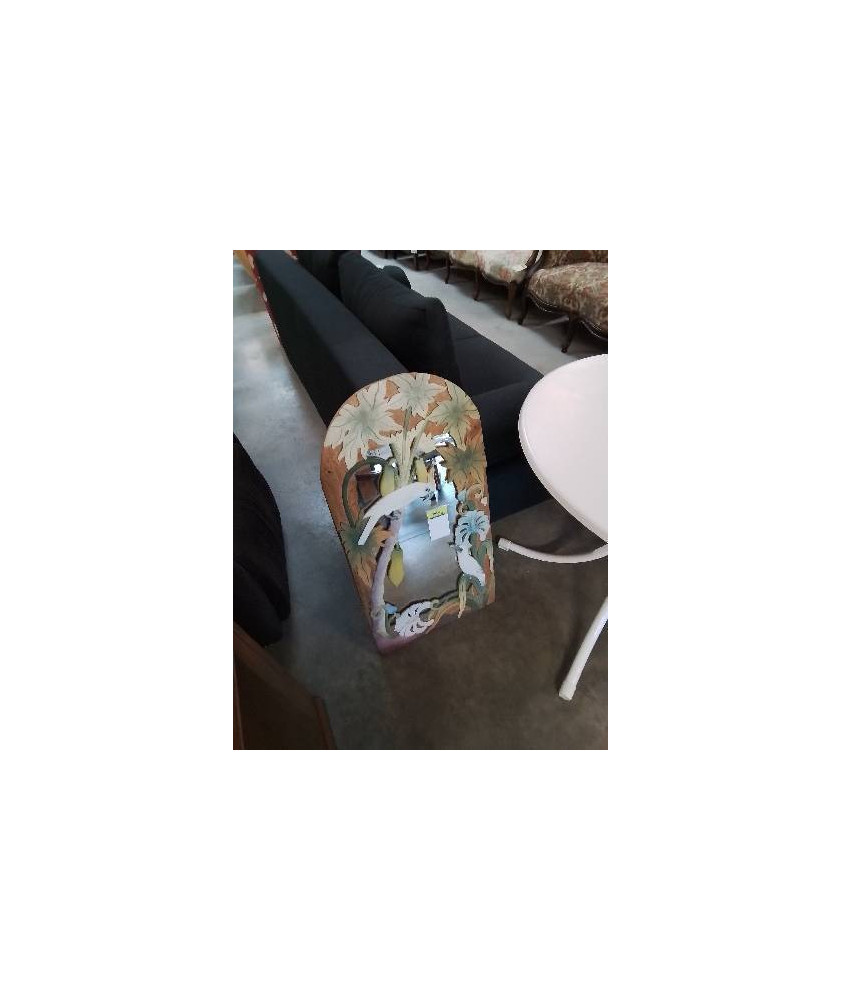 MIROIR CINTRÉ BOIS COLORÉ DÉCOR AUX PERROQUETS