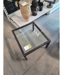 TABLE BASSE RECTANGULAIRE PIÈTEMENT MÉTAL NOIR PLATEAU VERRE PIERRE VANDEL ANNÉES 70