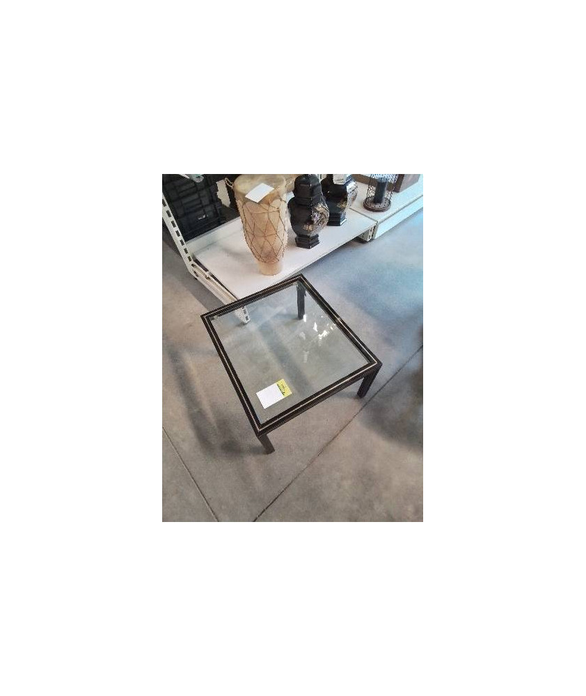 TABLE BASSE RECTANGULAIRE PIÈTEMENT MÉTAL NOIR PLATEAU VERRE PIERRE VANDEL ANNÉES 70